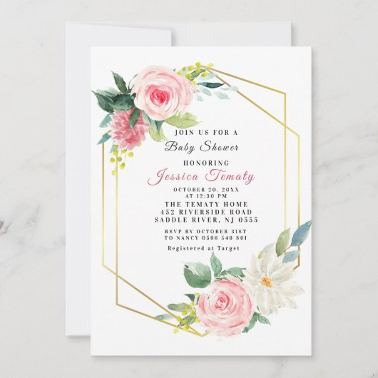 Roze Blush Floral Baby shower Invitation Girl Kaart (Voorkant)