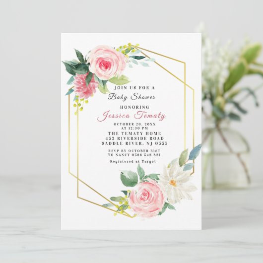 Roze Blush Floral Baby shower Invitation Girl Kaart (Staand voorkant)