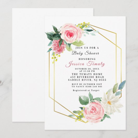 Roze Blush Floral Baby shower Invitation Girl Kaart (Voorkant / Achterkant)