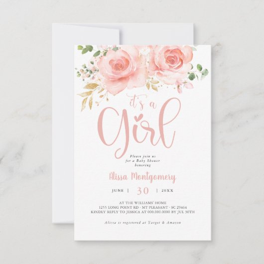 Roze Blush Floral Baby shower Invitation Girl Kaart (Voorkant)