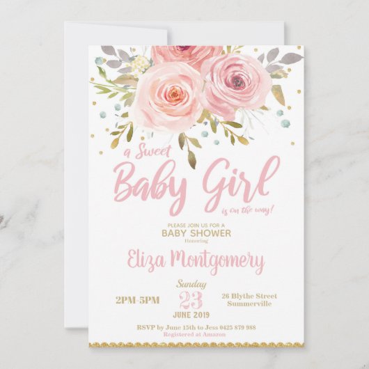 Roze Blush Floral Baby shower Invitation Girl Kaart (Voorkant)
