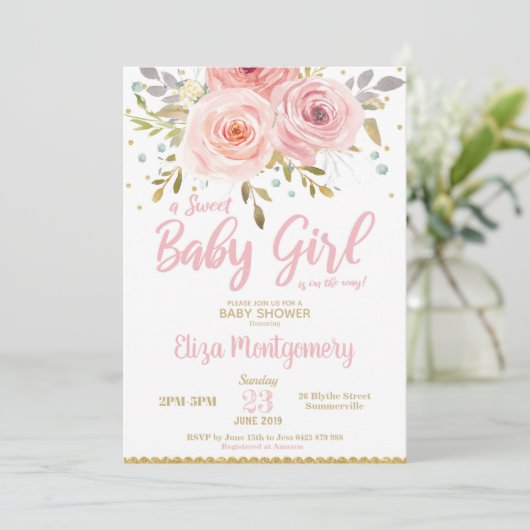 Roze Blush Floral Baby shower Invitation Girl Kaart (Staand voorkant)