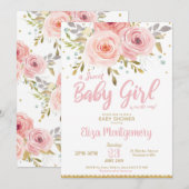 Roze Blush Floral Baby shower Invitation Girl Kaart (Voorkant / Achterkant)