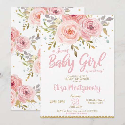 Roze Blush Floral Baby shower Invitation Girl Kaart (Voorkant / Achterkant)