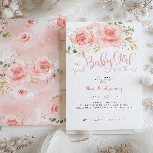 Roze Blush Floral Baby shower Invitation Girl Kaart