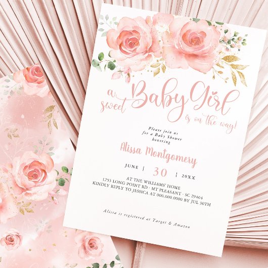 Roze Blush Floral Baby shower Invitation Girl Kaart