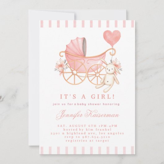 Roze Blush Floral Baby shower Invitation Girl Kaart (Voorkant)