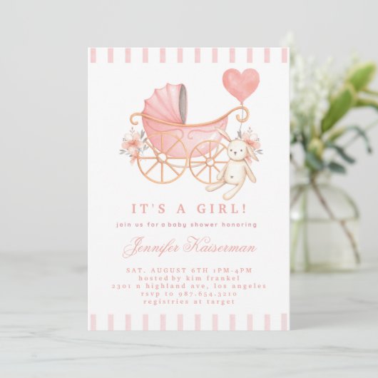 Roze Blush Floral Baby shower Invitation Girl Kaart (Staand voorkant)