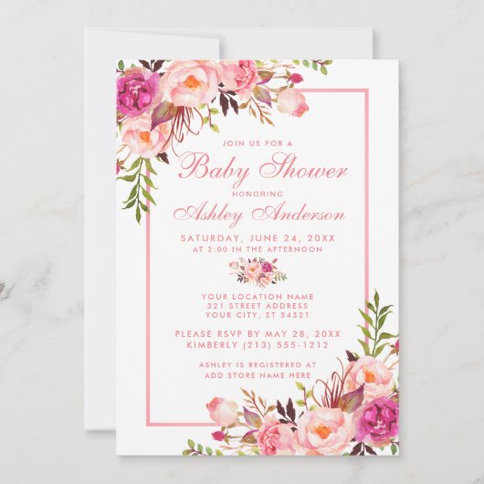 Roze Blush Floral Baby shower Invitation PS Kaart (Voorkant)