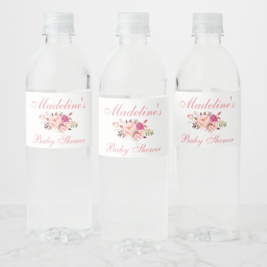 Roze Blush Floral Baby shower Waterfles Etiket (Flessen)