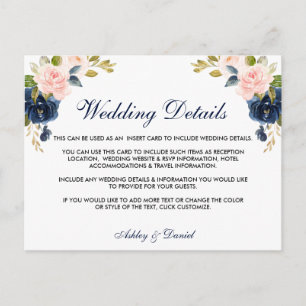Roze Blush Floral Blue Wedding Details Card Briefkaart