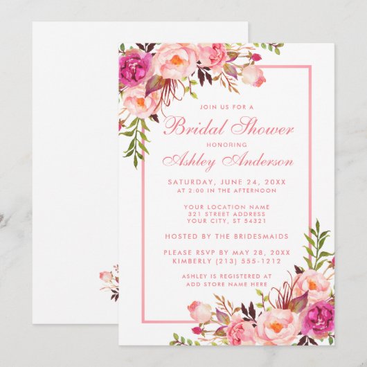 Roze Blush Floral Bridal Shower BPF Kaart (Voorkant / Achterkant)