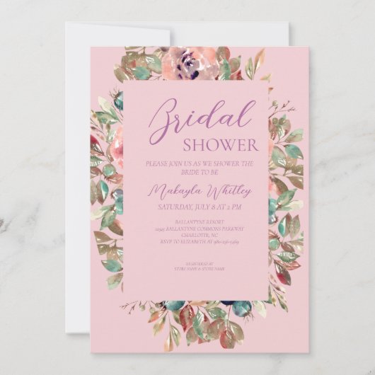 Roze Blush Floral Bridal Shower Invitation Kaart (Voorkant)
