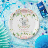 Roze blush Floral Elephant Birthday Baby shower Papieren Bordje (Feest)