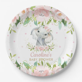 Roze blush Floral Elephant Birthday Baby shower Papieren Bordje