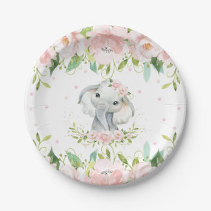Roze blush Floral Elephant Birthday Baby shower Papieren Bordje