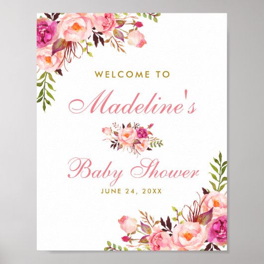 Roze Blush Floral en Gold Baby shower Welkom Poster (Voorkant)
