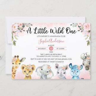 Roze Blush Floral Girls Safari Animals Baby shower Kaart