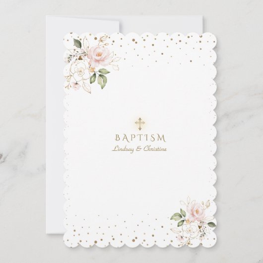 Roze Blush Floral Gold Cross Girl Twins Baptisme Kaart (Achterkant)