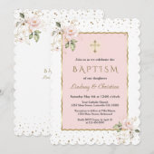 Roze Blush Floral Gold Cross Girl Twins Baptisme Kaart (Voorkant / Achterkant)