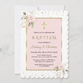 Roze Blush Floral Gold Cross Girl Twins Baptisme Kaart (Voorkant)