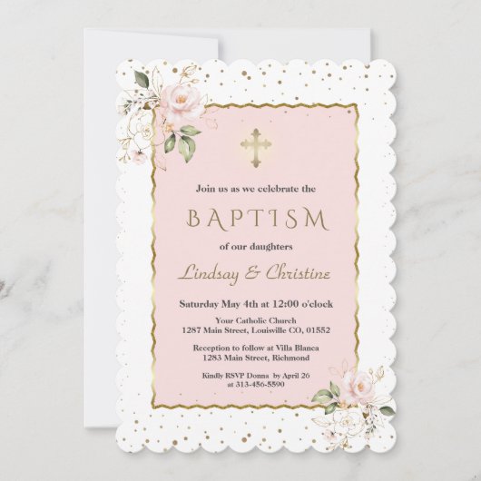 Roze Blush Floral Gold Cross Girl Twins Baptisme Kaart (Voorkant)