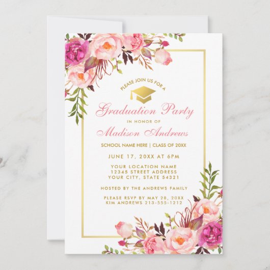 Roze Blush Floral Gold Graduparty uitnodiging (Voorkant)
