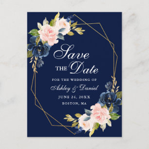 Roze Blush Floral Gold Lijst Blue Save the Date Aankondigingskaart