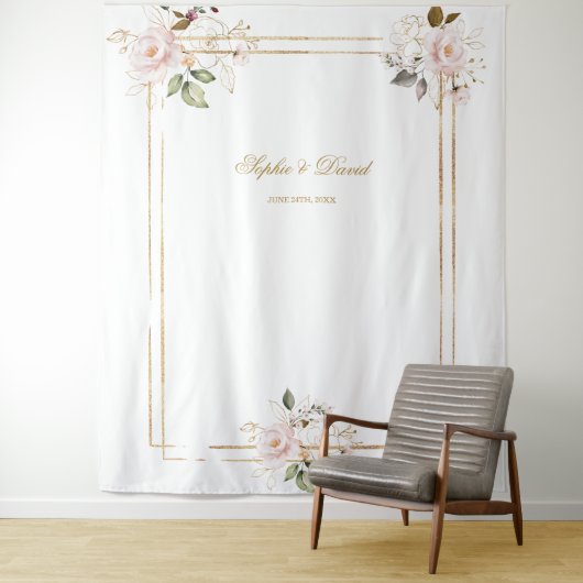 Roze Blush Floral Gold Lijst Foto Booth Backdrop Wandkleed (In situ)