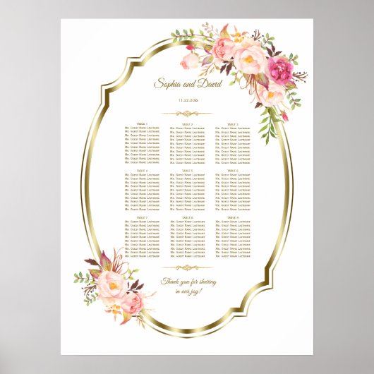 Roze Blush Floral Gold Lijst Wedding Seding Chart Poster (Voorkant)