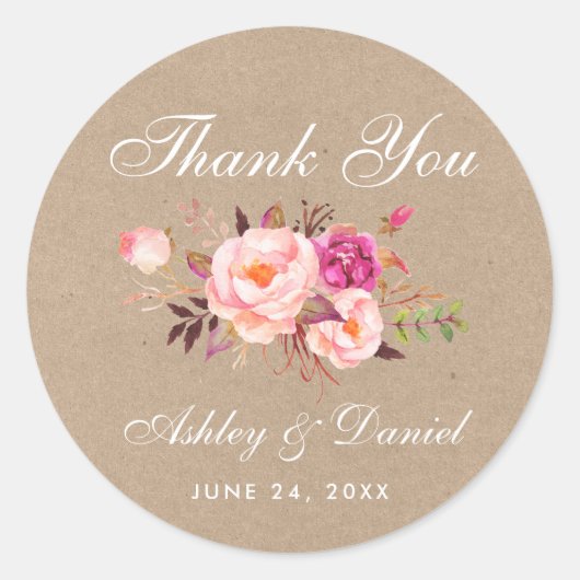 Roze Blush Floral Kraft bruiloft dank u Ronde Sticker (Voorkant)