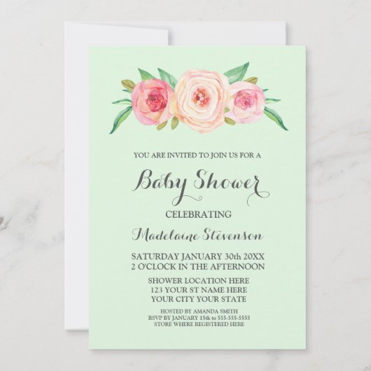 Roze Blush Floral Mint Green Wood Baby shower Kaart (Achterkant)