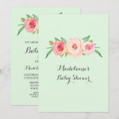 Roze Blush Floral Mint Green Wood Baby shower Kaart (Voorkant / Achterkant)
