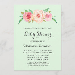 Roze Blush Floral Mint Green Wood Baby shower Kaart