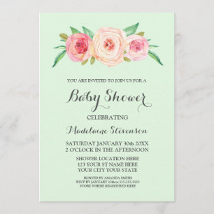 Roze Blush Floral Mint Green Wood Baby shower Kaart