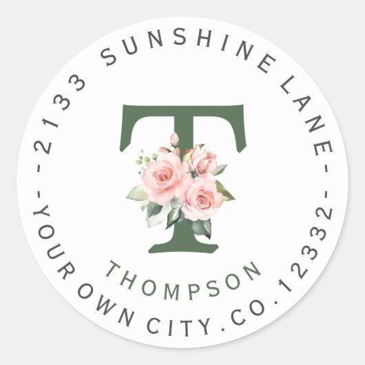 Roze Blush Floral Monogram Circular Address Label (Voorkant)