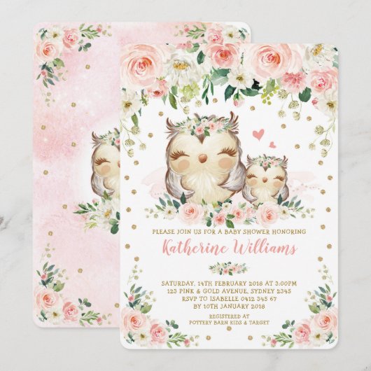  Roze Blush Floral Owl Baby shower Kaart (Voorkant / Achterkant)