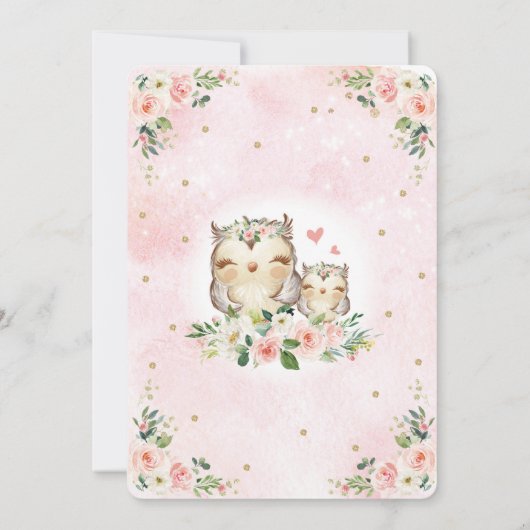  Roze Blush Floral Owl Baby shower Kaart (Achterkant)