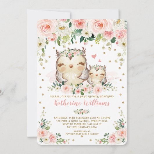  Roze Blush Floral Owl Baby shower Kaart (Voorkant)