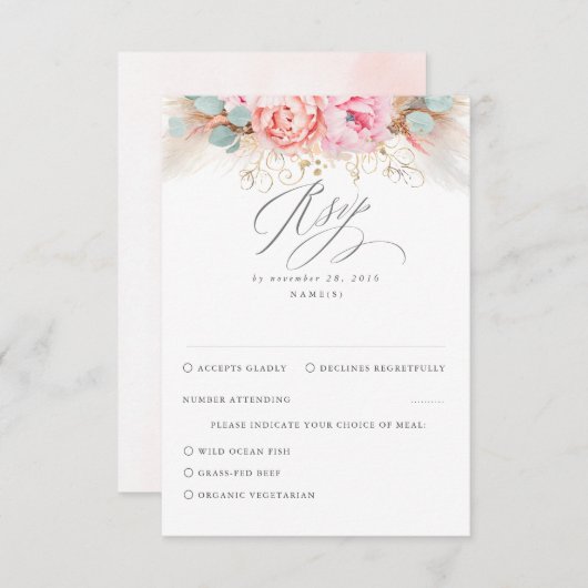 Roze Blush Floral Pampas Grass Wedding RSVP (Voorkant / Achterkant)