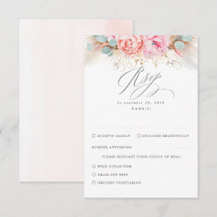 Roze Blush Floral Pampas Grass Wedding RSVP Kaartje