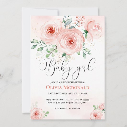 Roze Blush Floral Sweet Baby shower Girl Kaart (Voorkant)