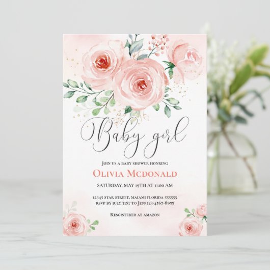 Roze Blush Floral Sweet Baby shower Girl Kaart (Staand voorkant)