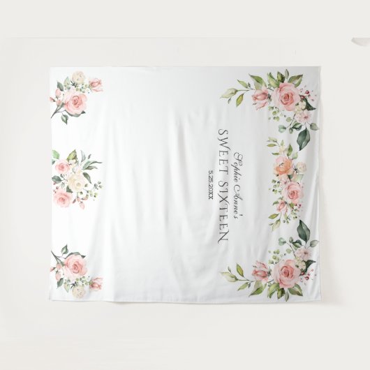 Roze Blush Floral Sweet Sixteen foto Prop. Wandkleed (Voorkant (horizontaal))