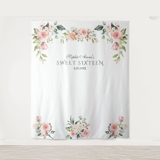 Roze Blush Floral Sweet Sixteen foto Prop. Wandkleed (Voorkant)