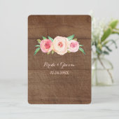 Roze blush Floral Wood Wedding Invitations Kaart (Staand voorkant)
