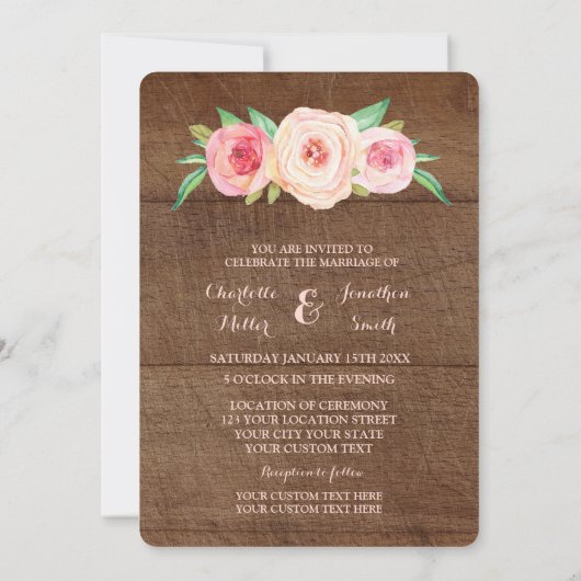 Roze blush Floral Wood Wedding Invitations Kaart (Achterkant)