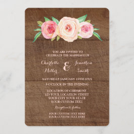 Roze blush Floral Wood Wedding Invitations Kaart