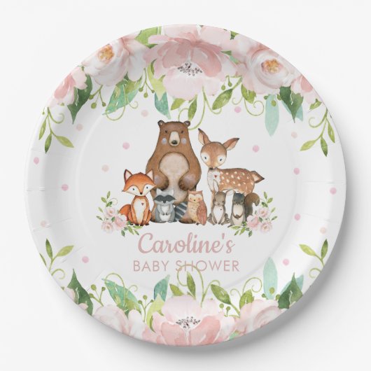 Roze Blush Floral Woodland Animals Baby shower Papieren Bordje (Voorkant)