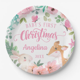 Roze Blush Floral Woodland Baby's eerste Kerstmis Papieren Bordje